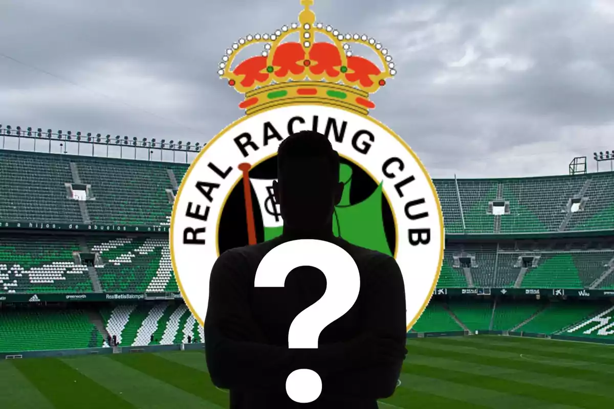 Imatge d?un estadi de futbol amb l?escut del Real Racing Club i la silueta d?una persona amb un signe d?interrogació al centre.