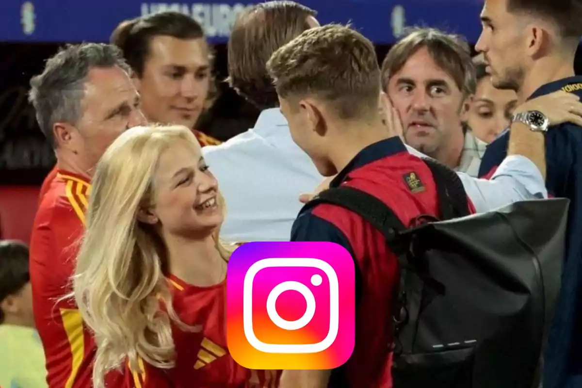 Personas conversando y sonriendo en un evento deportivo con el logo de Instagram en primer plano.