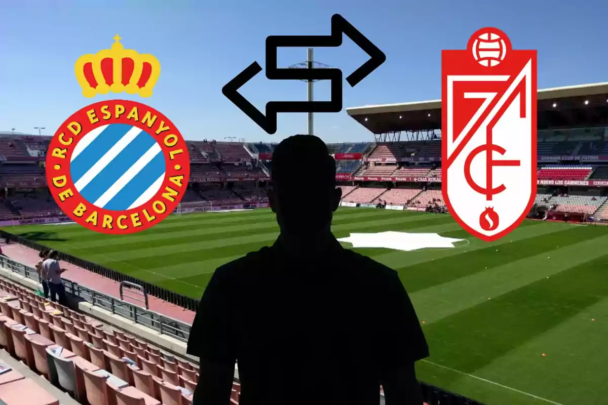 Una persona en silueta frente a un estadio de fútbol con los escudos del RCD Espanyol de Barcelona y el Granada CF, y un símbolo de intercambio entre ellos.