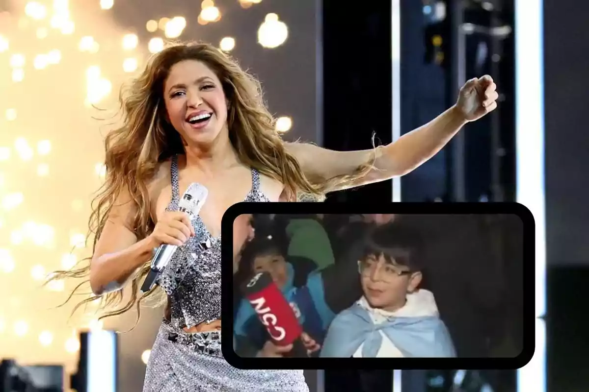 Una cantante sonriente con un micrófono en la mano y una imagen insertada de un niño con gafas y una capa siendo entrevistado.