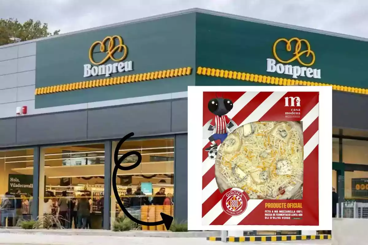 Façana d´un supermercat Bonpreu amb una imatge superposada d´una pizza de Casa Modena, producte oficial del Girona Futbol Club.