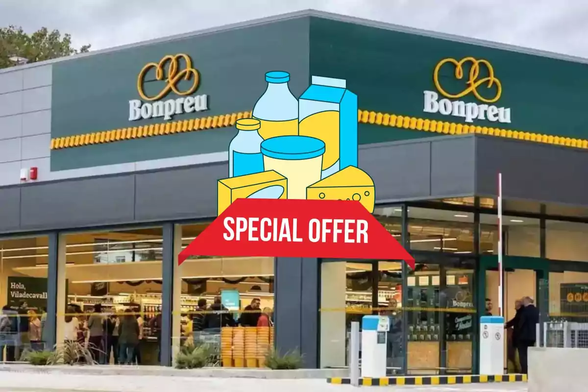 Façana d´una botiga Bonpreu amb un cartell de "Special Offer" i gràfics de productes alimentaris.