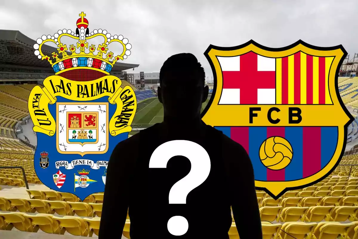 Imagen de un estadio de fútbol con los escudos de la UD Las Palmas y el FC Barcelona, y la silueta de una persona con un signo de interrogación en el centro.