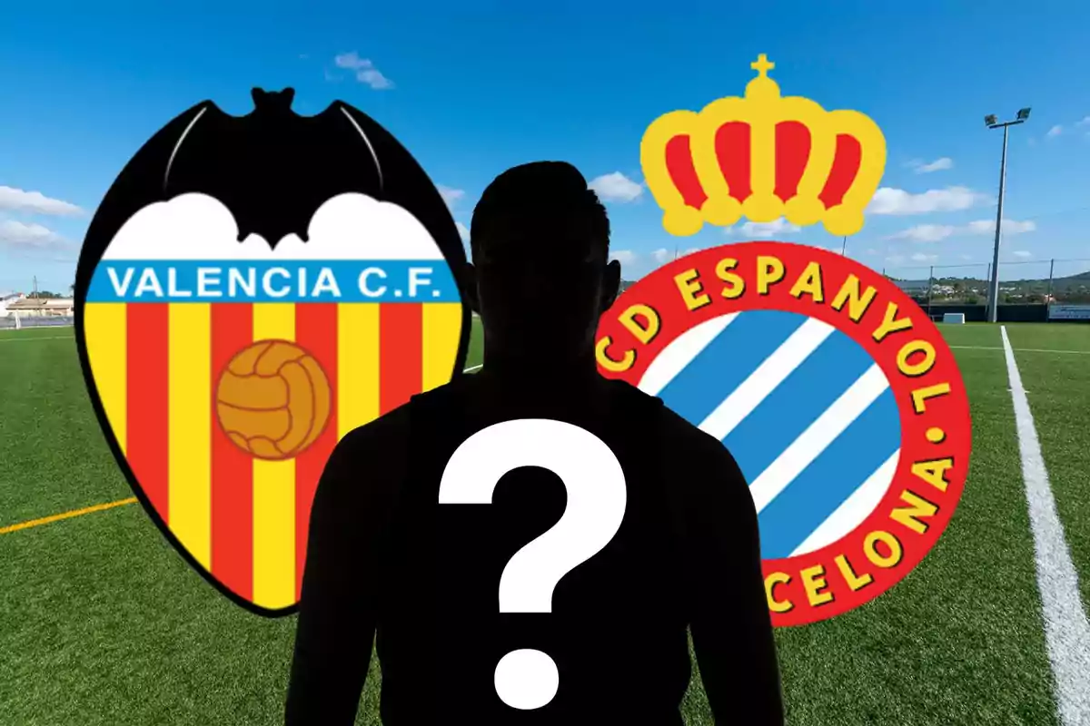 Silueta duna persona amb un signe dinterrogació al centre, amb els escuts del València C.F. i el RCD Espanyol de fons en un camp de futbol.