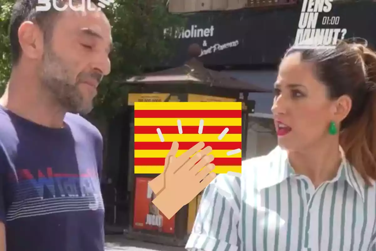 Dues persones conversant al carrer amb un emoji d?aplaudiments i una bandera catalana superposats.