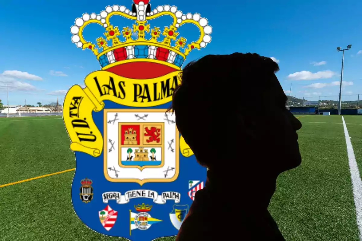 Una persona en silueta frente al escudo del equipo de fútbol UD Las Palmas en un campo de fútbol.