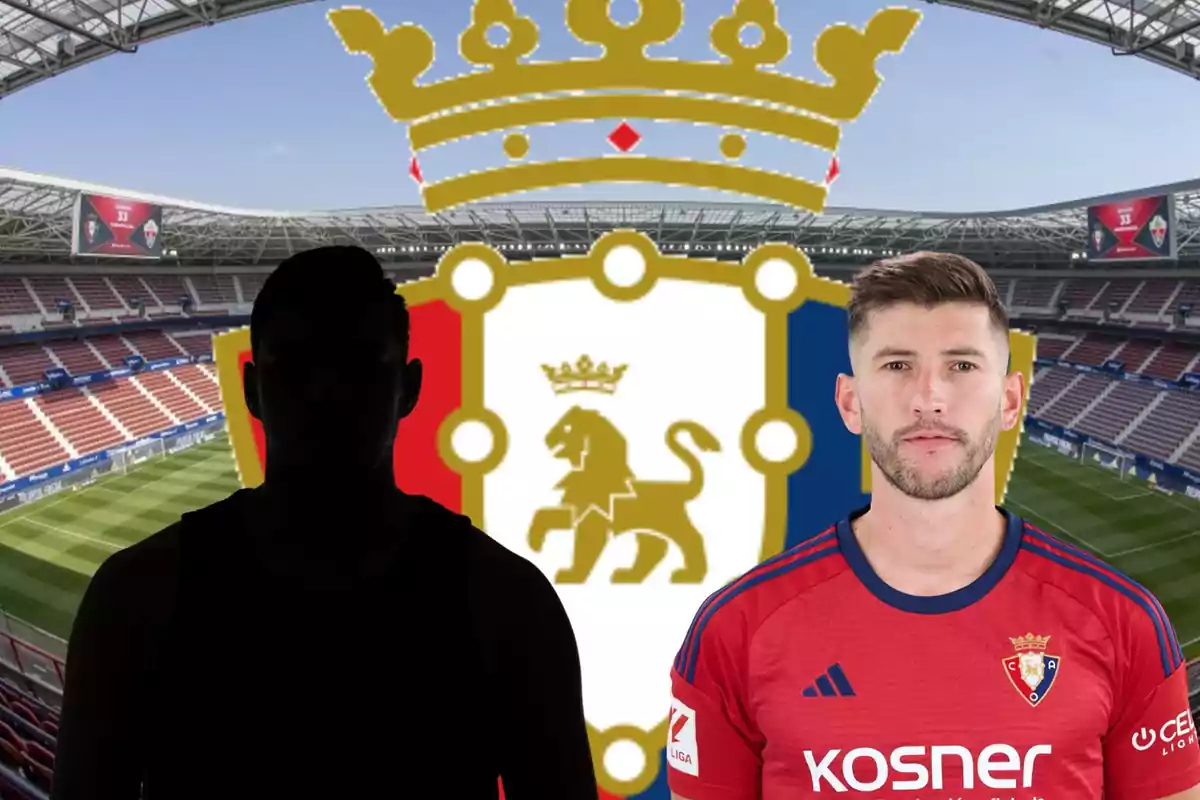 Dos jugadors de futbol davant de l'escut del Club Atlètic Osasuna en un estadi.