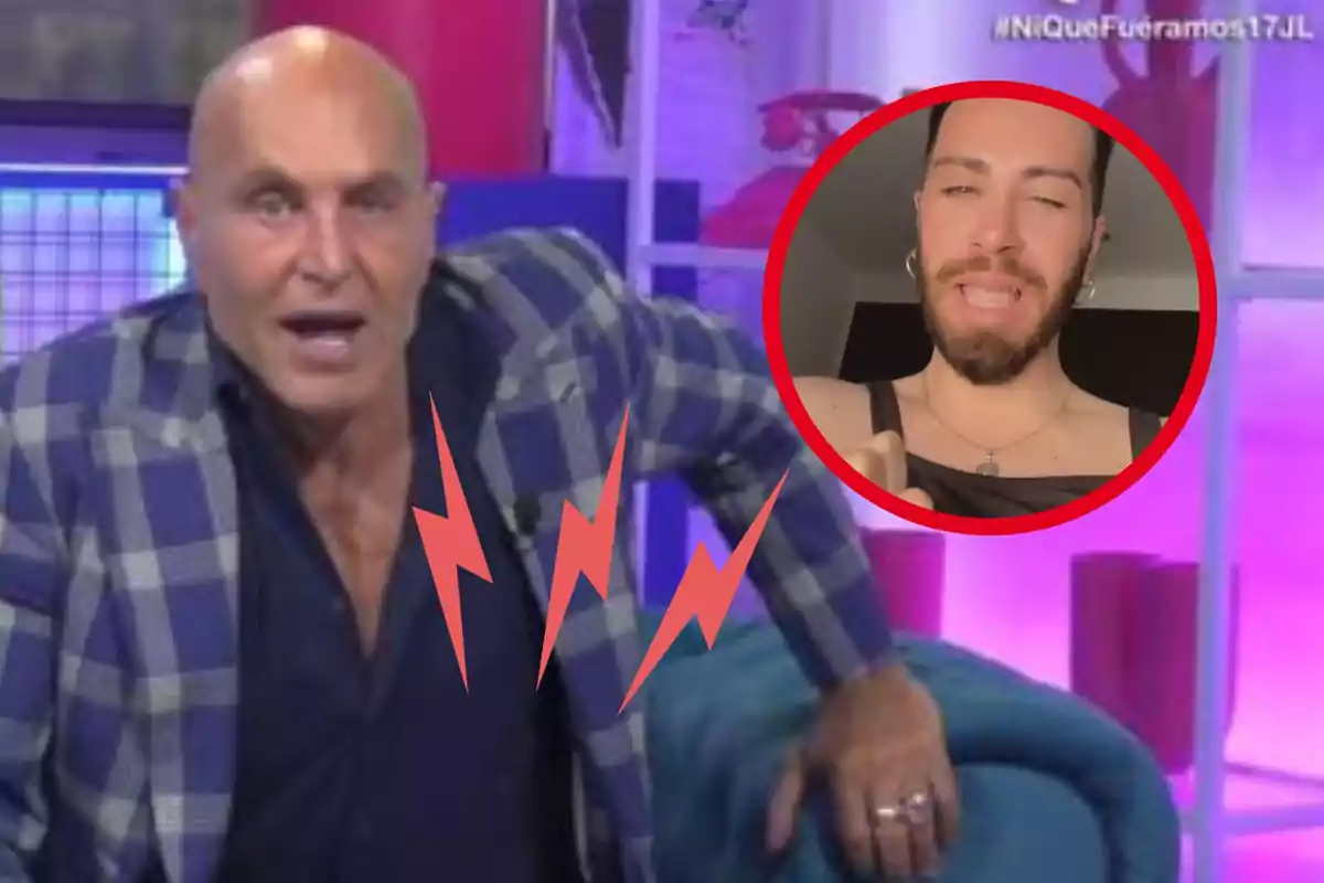 Un hombre calvo con una chaqueta a cuadros azules y blancos parece estar hablando en un programa de televisión, mientras que en la esquina superior derecha hay un círculo rojo con la imagen de otro hombre con barba y una camiseta sin mangas.