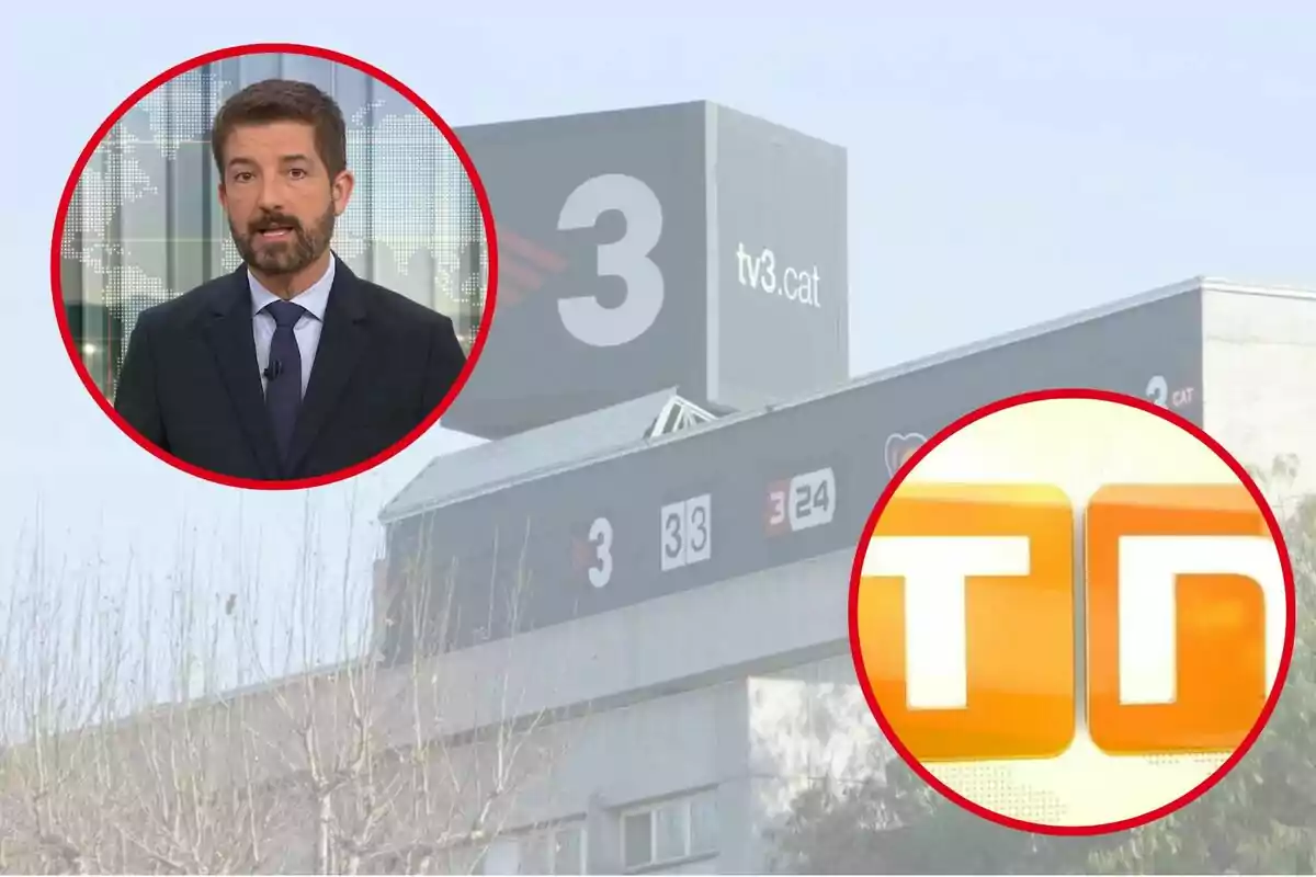 Un edifici amb el logotip de TV3 i dos cercles vermells, un amb un home de vestit i corbata i un altre amb el logotip de TD.