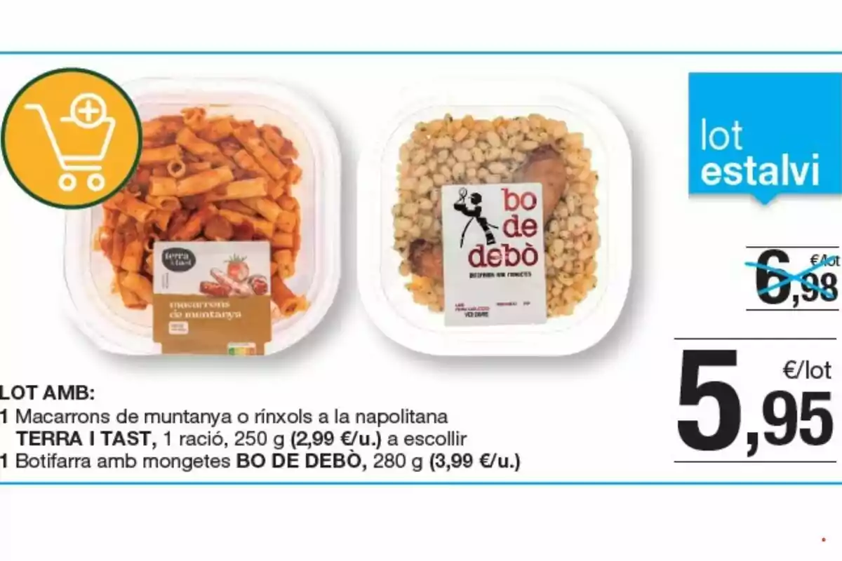 Dos envases de comida preparada, uno con macarrones y otro con butifarra y alubias, junto a un precio promocional de 5,95 euros por el lote Dos envases de comida preparada, uno con macarrones y otro con butifarra y alubias, junto a un precio promocional de 5,95 euros por el lote