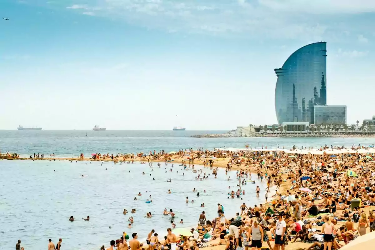 Platja concorreguda amb moltes persones gaudint del sol i del mar, amb un edifici modern al fons i vaixells a l'horitzó.