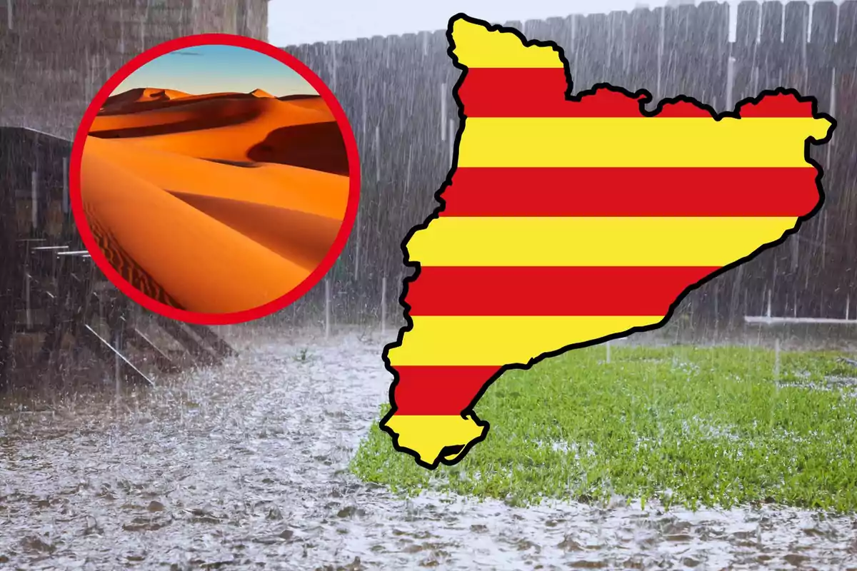 Mapa de Catalunya amb bandera catalana sobre un fons de pluja intensa i una imatge circular d'un desert.