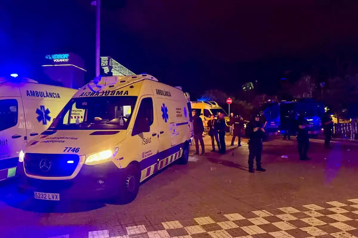 Una escena nocturna mostra diverses ambulàncies i personal d'emergència en un carrer il·luminat per llums blaves.