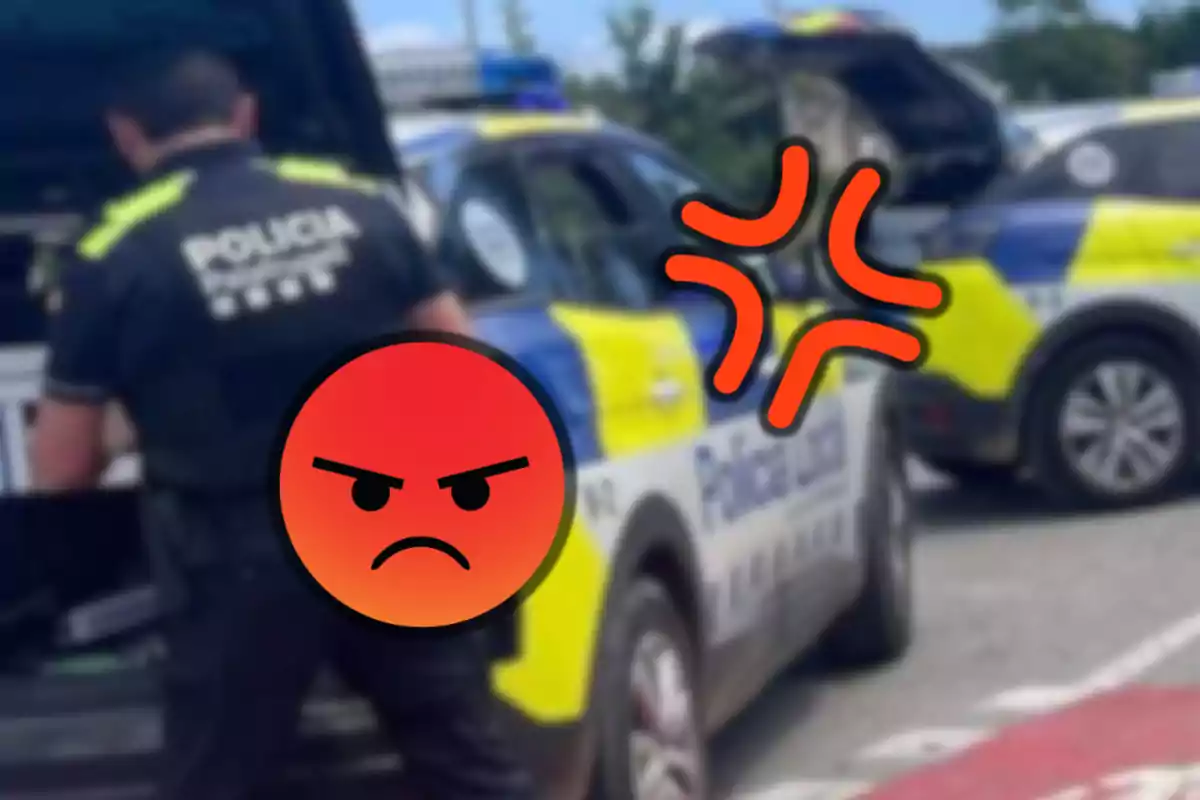 Un policia al costat d'un cotxe patrulla amb un emoji d'enfadament superposat.