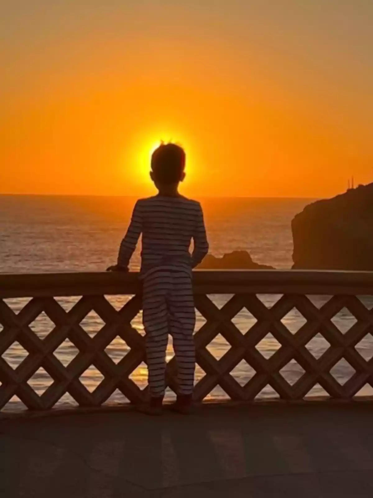 Archie in striped pajamas watches the sunset from a balcony overlooking the sea. Archie in striped pajamas watches the sunset from a balcony overlooking the sea.