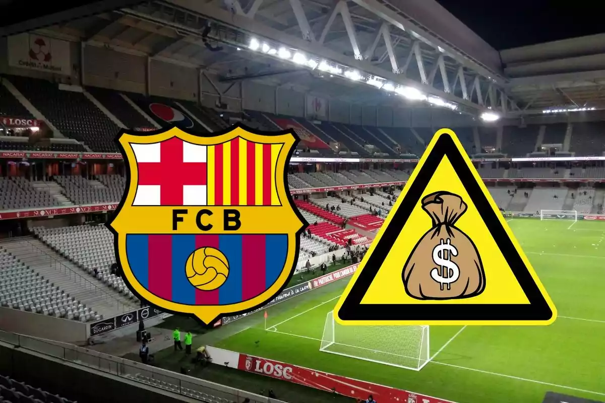 Escut del FC Barcelona i senyal d'advertiment amb un sac de diners sobre un estadi de futbol buit.