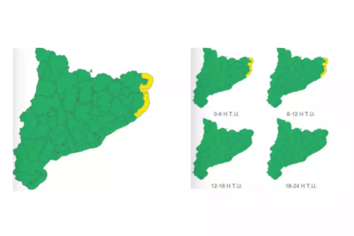 Mapa de Catalunya amb àrees de verd i groc indicant diferents nivells d'alerta meteorològica a la costa.