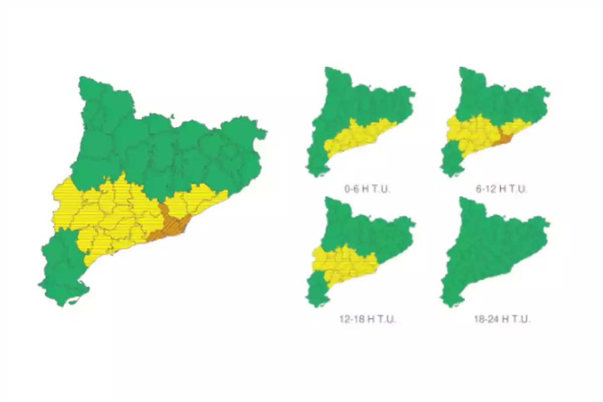 Mapa de Catalunya amb àrees de verd, groc i marró que indiquen diferents nivells d'alerta meteorològica en diferents intervals de temps.