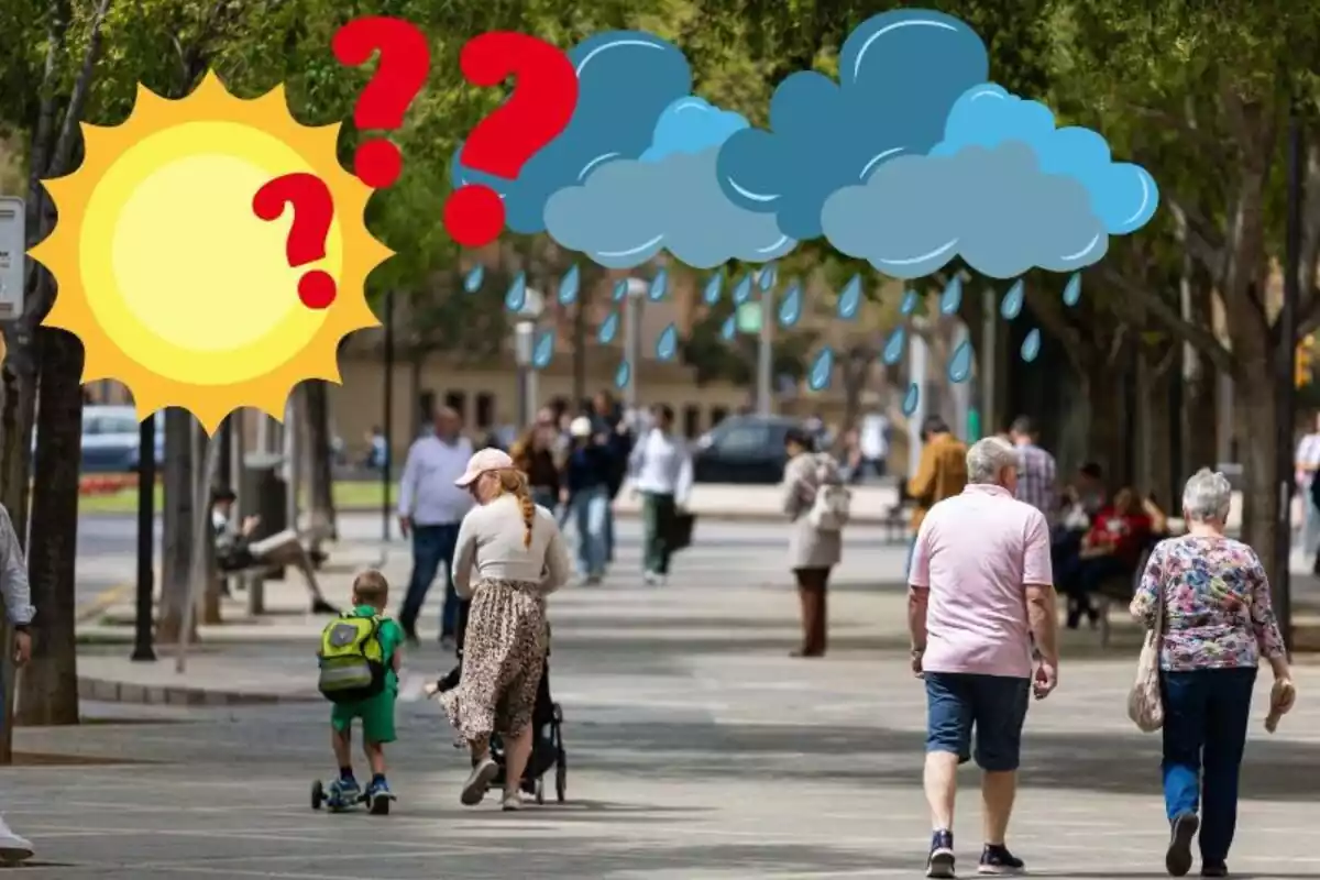 Imatge de fons de diverses persones passejant amb sol per Palma de Mallorca junt i unes emoticones d'un sol amb núvols i pluja i uns interrogants