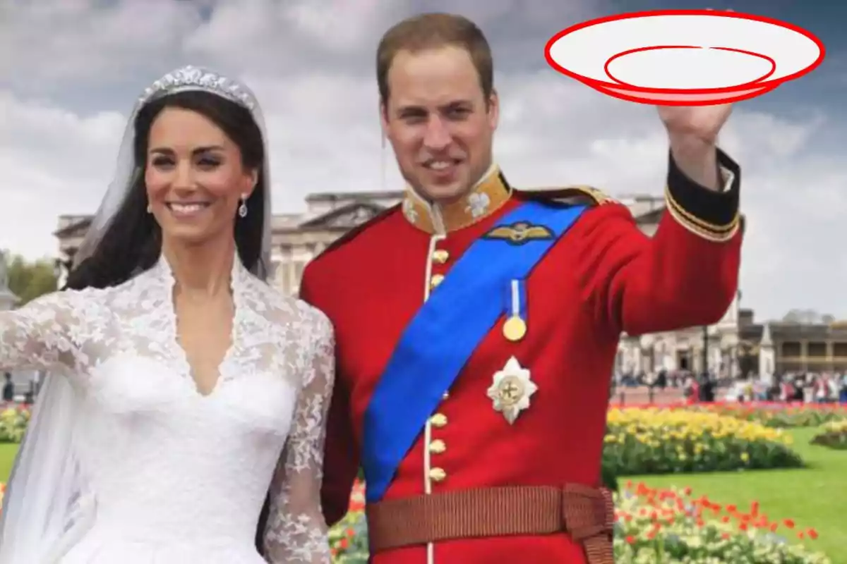 Couple dressed as bride and groom smiles outdoors while the man holds two drawn plates in his hand