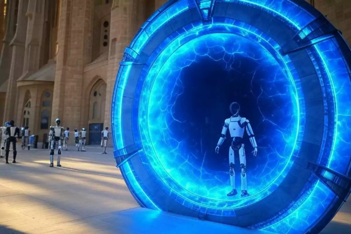 Un robot es troba davant d'un portal blau brillant en un entorn futurista amb altres robots al voltant.