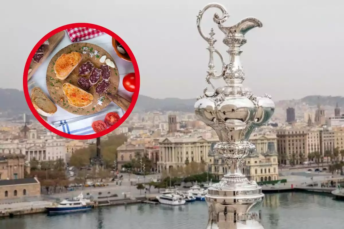 Una imagen de un trofeo de plata con una ciudad de fondo y un círculo rojo que contiene una tabla de embutidos y pan.