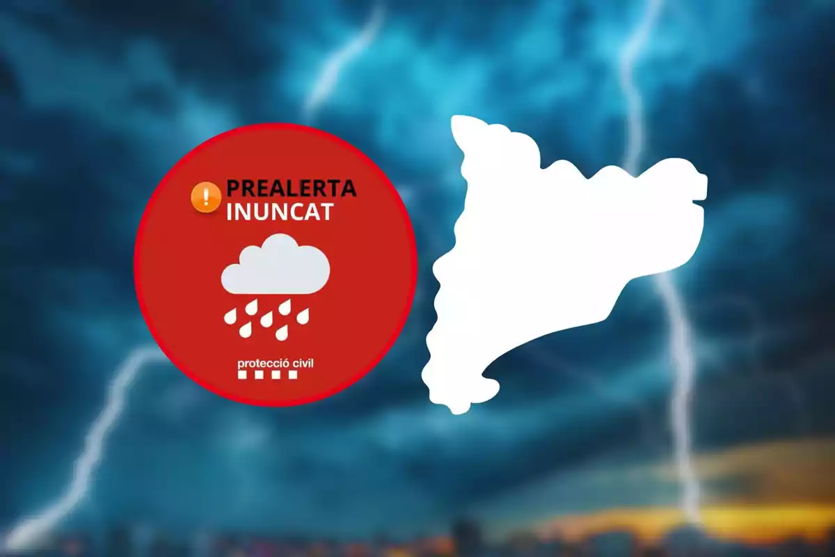 La imagen muestra un círculo rojo con un icono de nube y gotas de lluvia, acompañado del texto "PREALERTA INUNCAT" y "protecció civil", junto a la silueta blanca de una región geográfica sobre un fondo de tormenta con relámpagos.