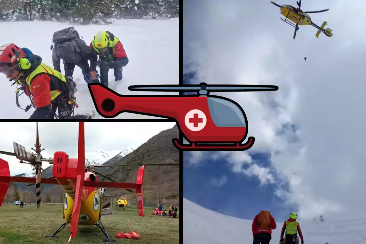 Rescate en la nieve con helicópteros y personal de emergencia asistiendo a personas en una operación de salvamento en montaña.