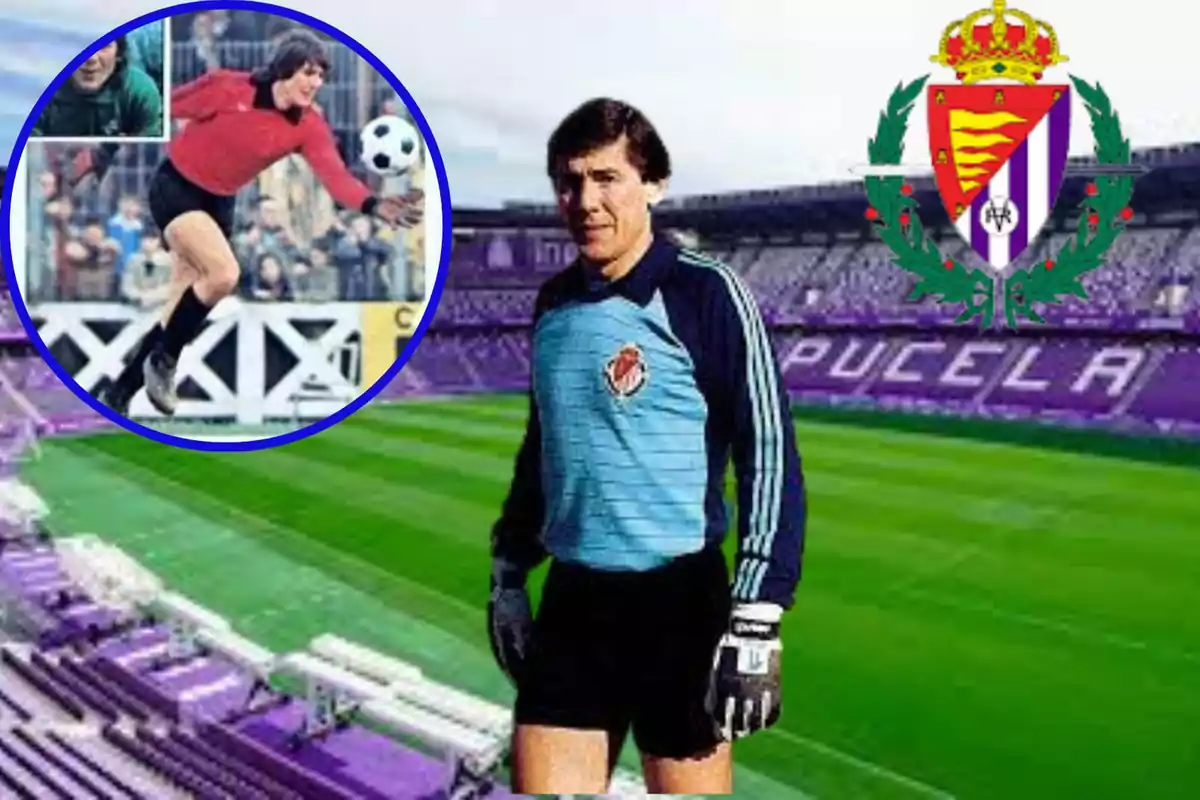 Un porter de futbol amb uniforme blau i negre està en un estadi amb seients morats i l'escut del Reial Valladolid, en un cercle se'n mostra una imatge en acció durant un partit.