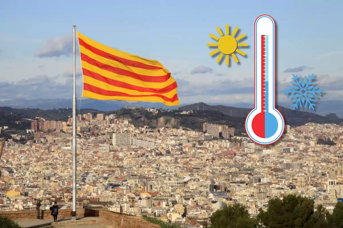 Vista panoràmica d'una ciutat amb una bandera onejant i una icona de termòmetre amb símbols de sol i neu.