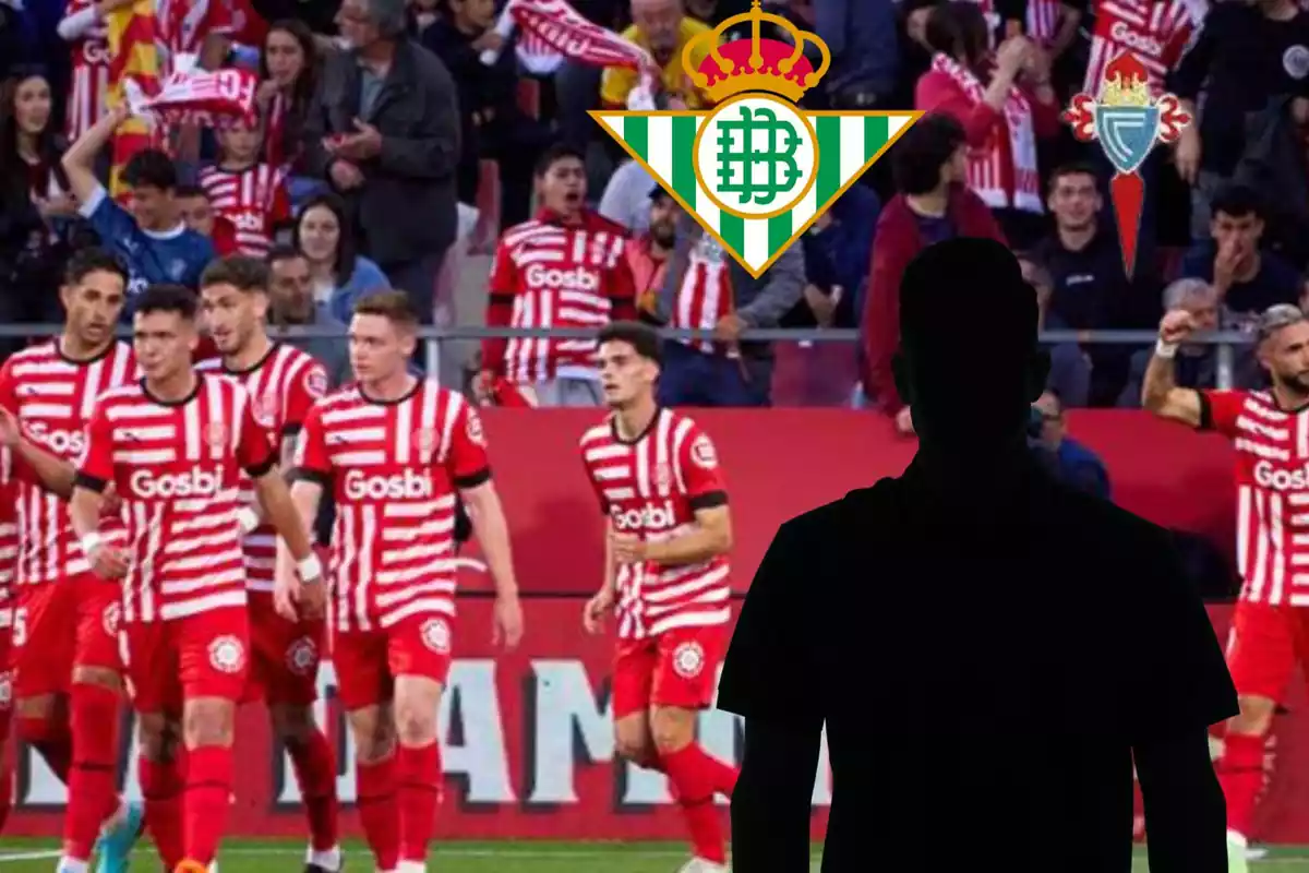 Montage amb l'estadi de Montilivi i els jugadors del Girona FC, una ombra negra a la dreta, i els escuts de Real Betis i Celta de Vigo al centre cap a la dreta