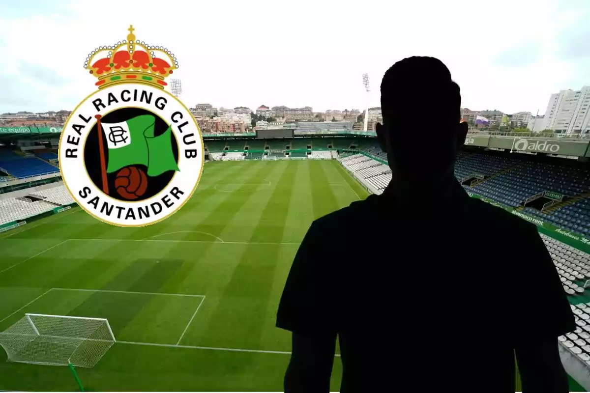 Una silueta frente a un estadio de fútbol con el escudo del Real Racing Club de Santander.