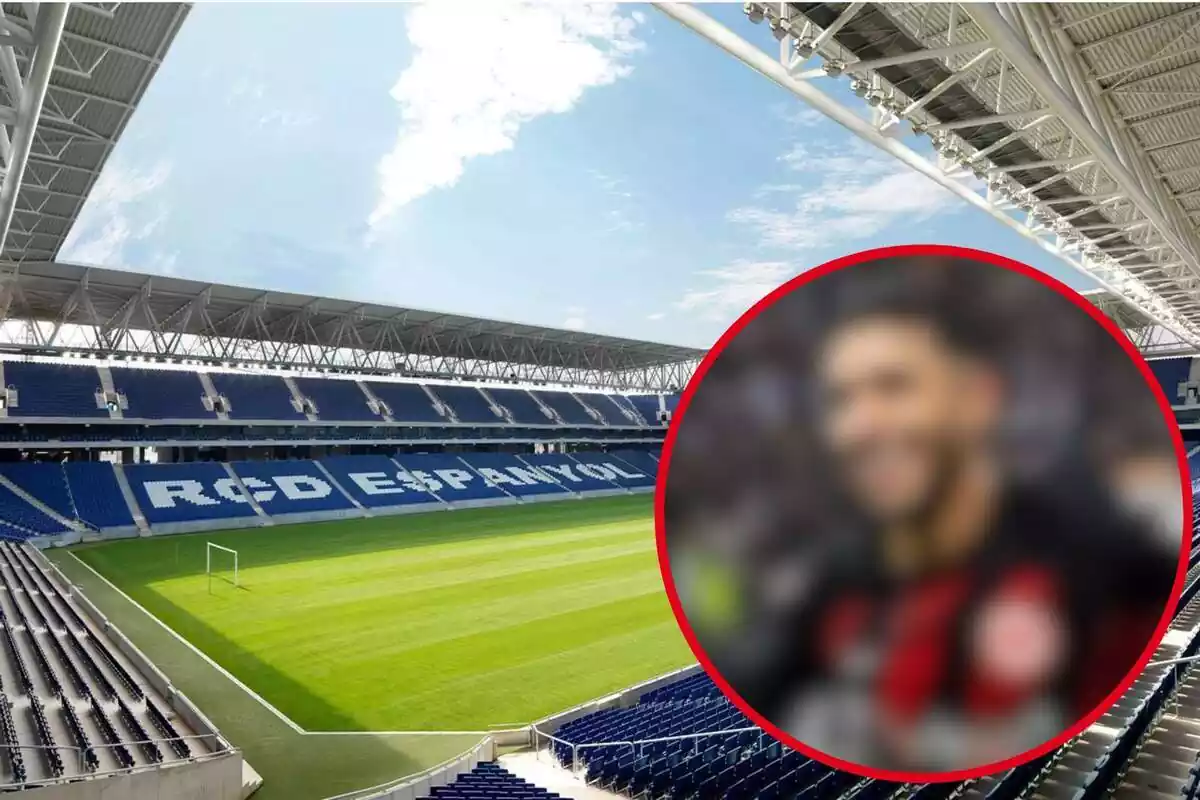 Muntatge amb una imatge de l'estadi del RCD Espanyol ia la dreta, dins d'un cercle i difuminat, el futbolista referenciat a la notícia