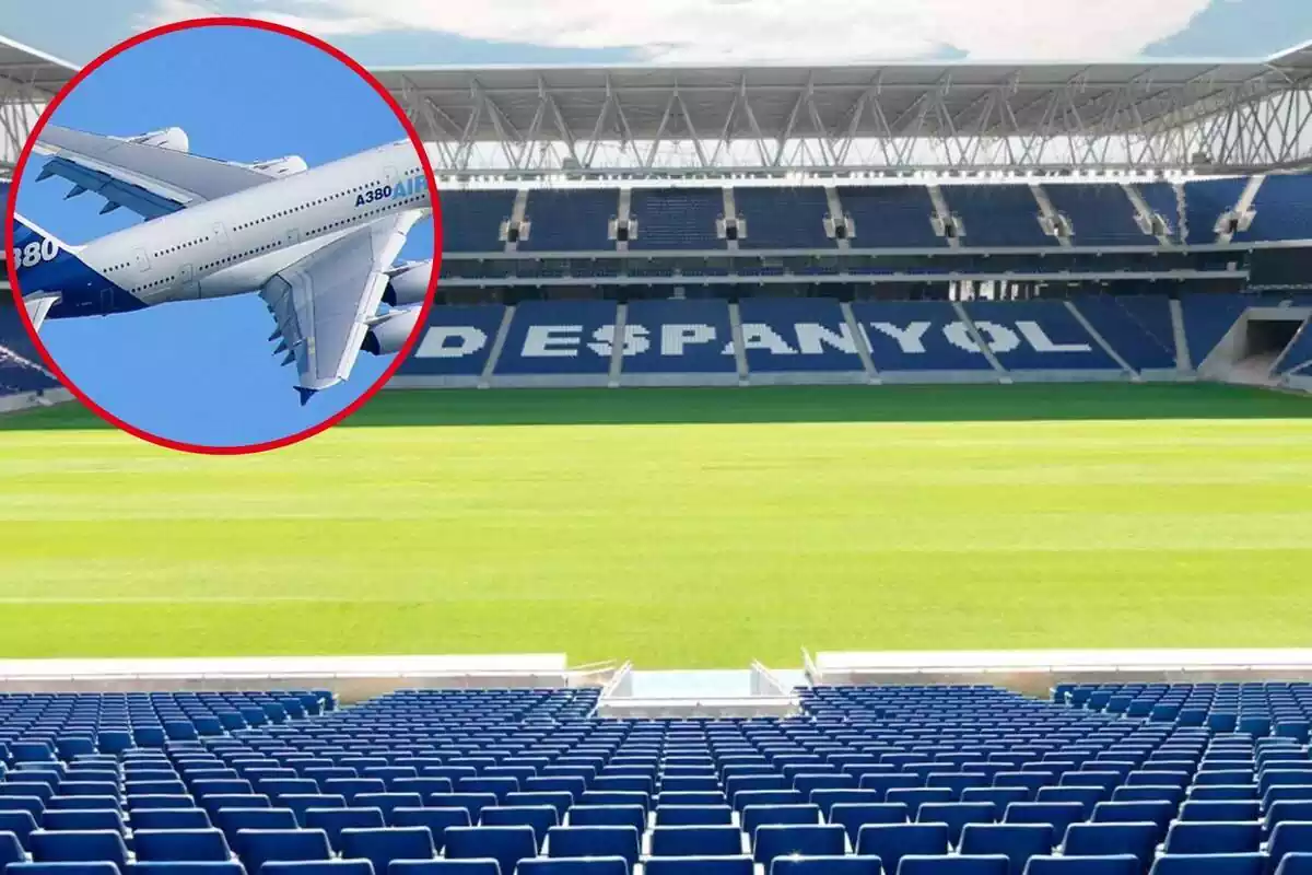 Muntatge de l'estadi del RCD Espanyol i un avió dins d'un cercle per simbolitzar la sortida de Luca Kholeoso