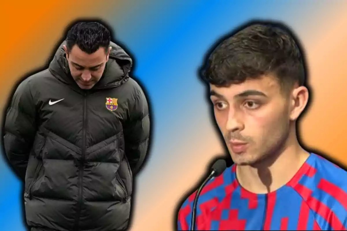 Dos hombres con ropa del FC Barcelona, uno con chaqueta negra y otro con camiseta azul y roja, sobre un fondo degradado de colores naranja y azul.