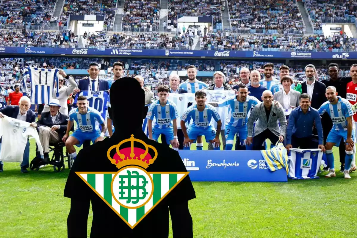Muntatge amb l'equip del Màlaga i una ombra negra amb l'escut del Real Betis