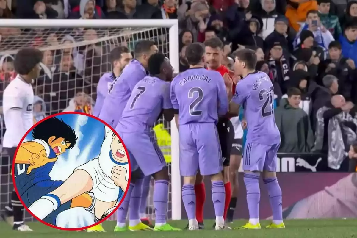 Muntatge amb una imatge de futbolistes del Reial Madrid durant el partit contra el València. A la cantonada inferior esquerra, dins d'un cercle, fotograma de la sèrie 'Campions'