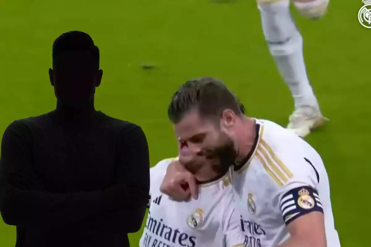Muntatge amb una imatge de futbolistes del Reial Madrid celebrant un gol ia l'esquerra un home de negre representant el futbolista que pot generar perill el Reial Madrid