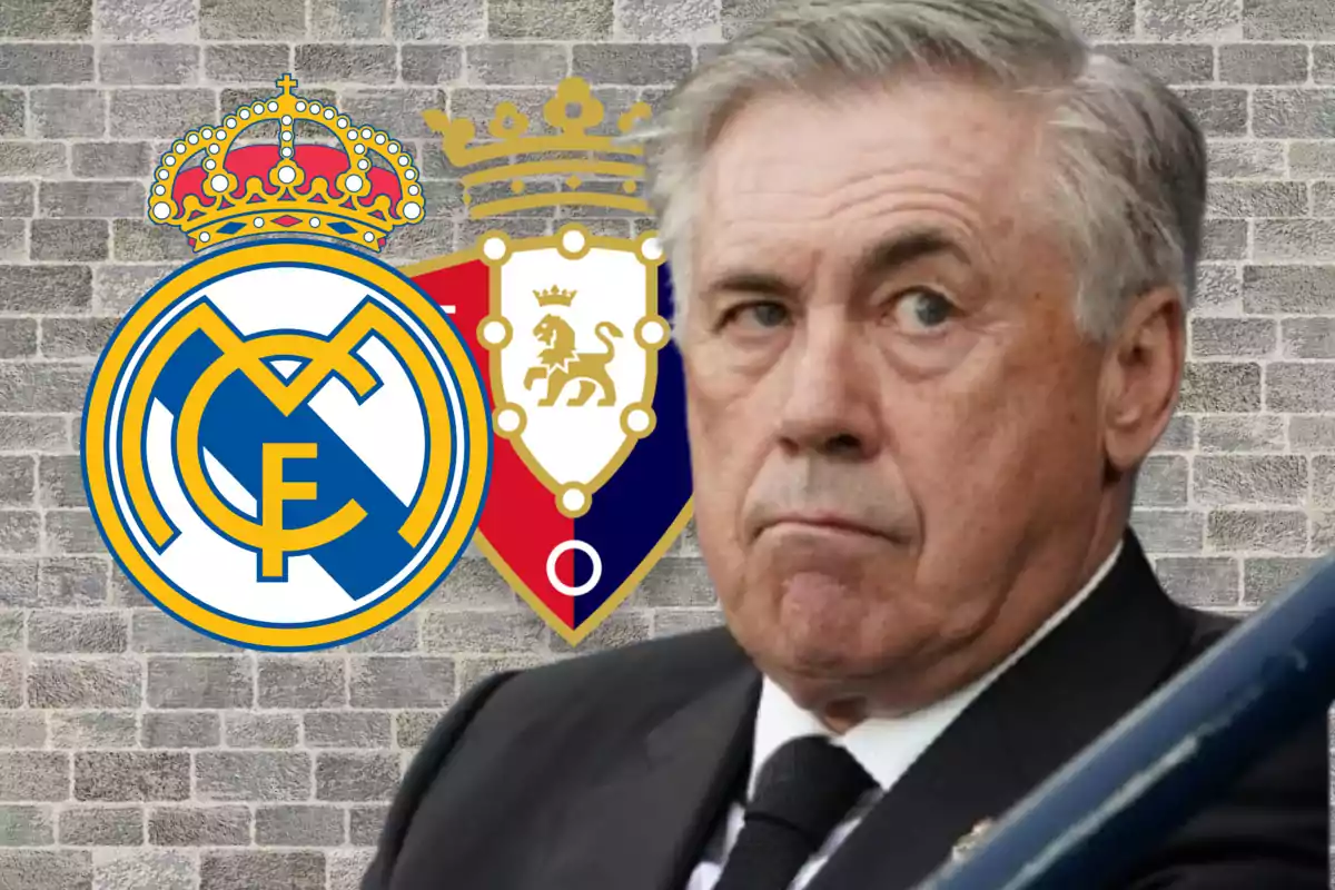 Carlo Ancelotti y los escudos de Real Madrid y Osasuna