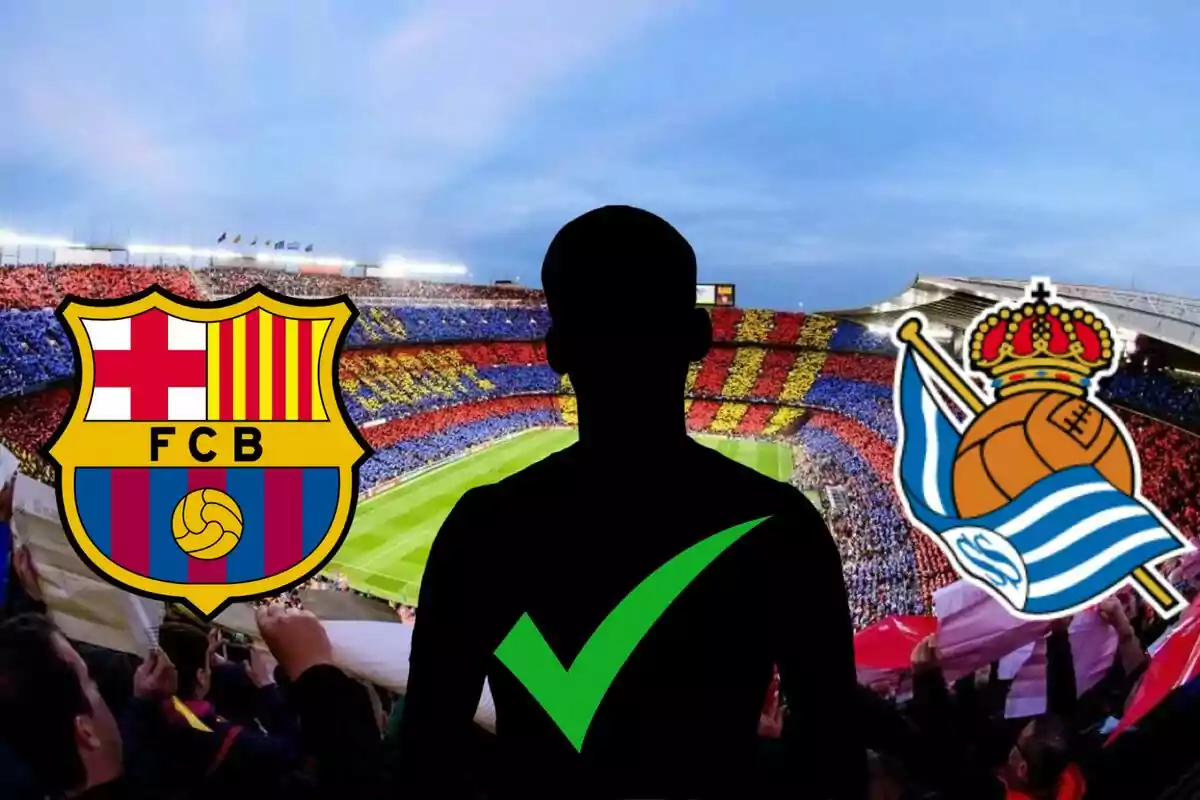 Estadio de fútbol con los escudos del FC Barcelona y la Real Sociedad, y la silueta de una persona con una marca de verificación verde.