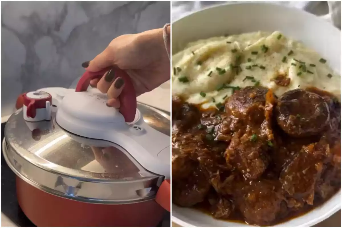 Una olla a presión siendo cerrada y un plato de guiso con puré de patatas