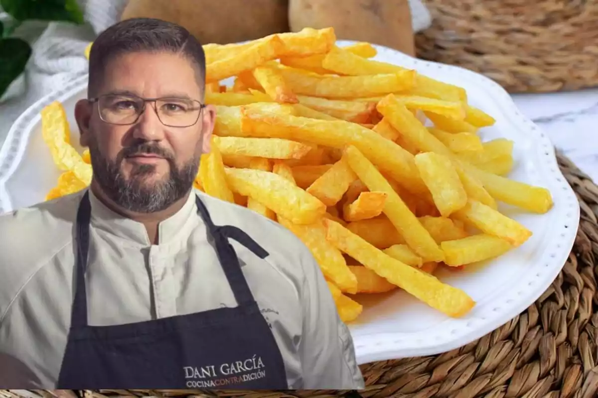 Plato de patatas fritas y el chef Dani Garcia