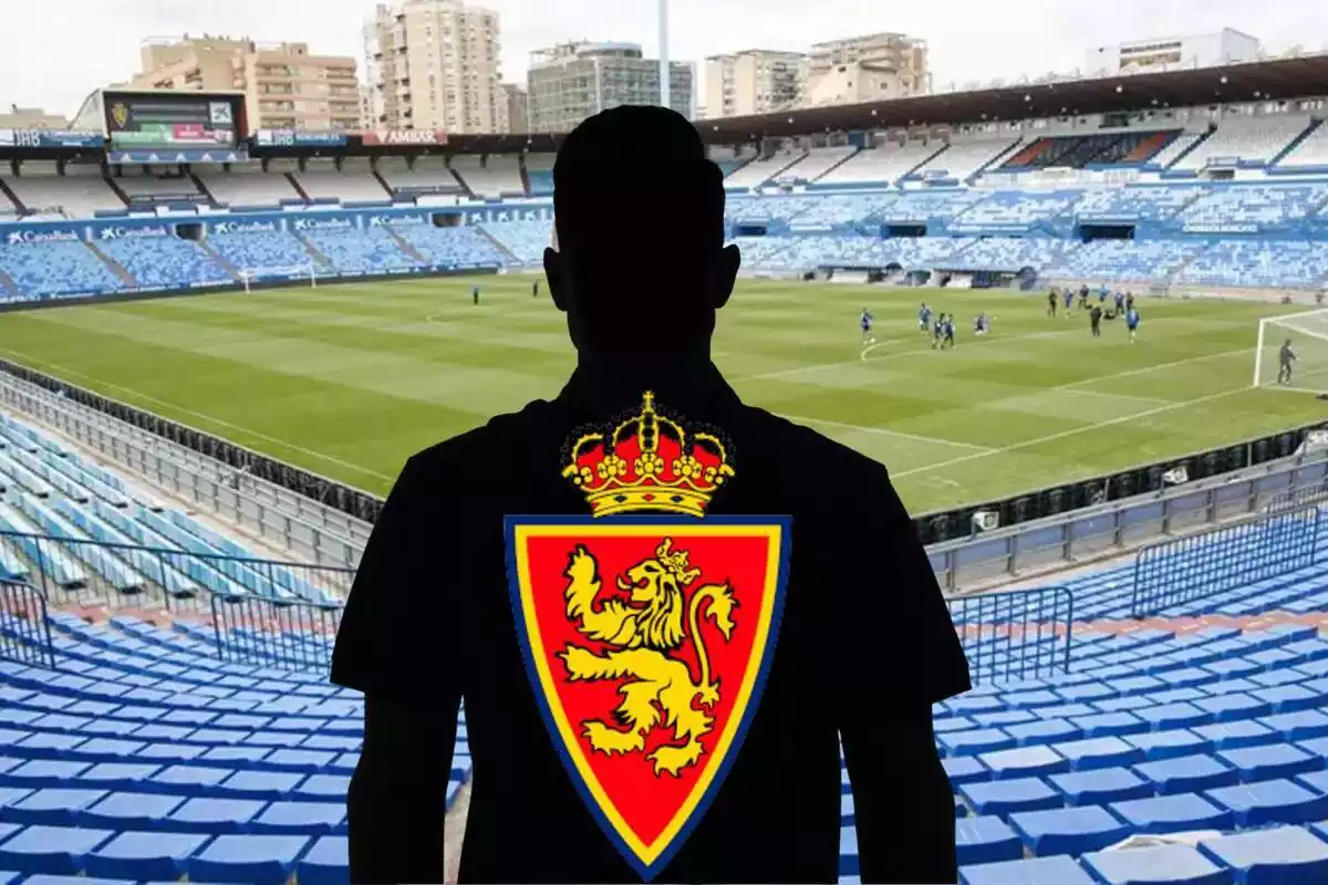 Muntatge amb l'Estadi de La Romareda i una ombra negra al centre amb el logo del Reial Saragossa