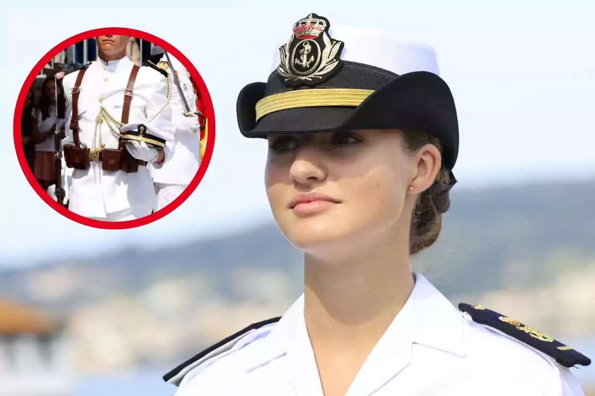 Una jove cadet de la marina amb uniforme blanc i gorra amb insígnia, amb un requadre que mostra un altre cadet en uniforme similar.