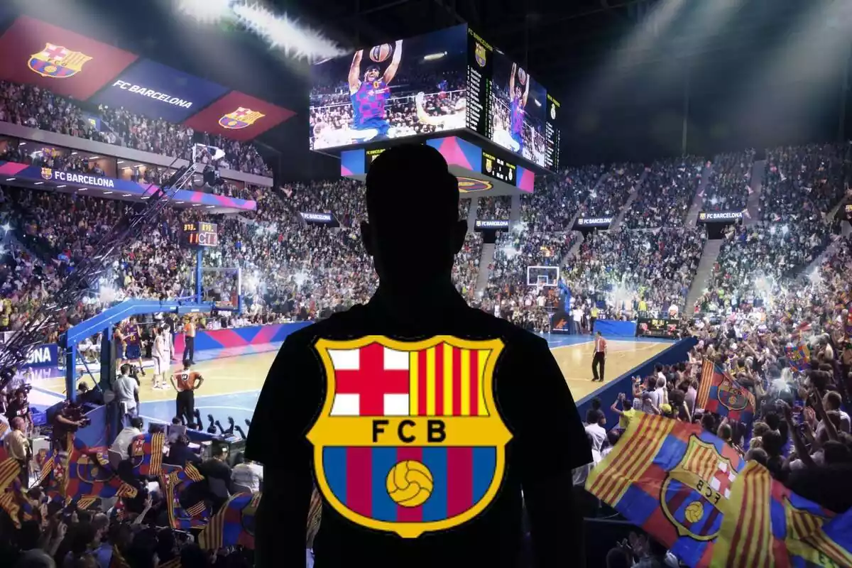 Muntatge amb el Palau Blaugrana i una ombra negra al centre amb l'escut del FC Barcelona