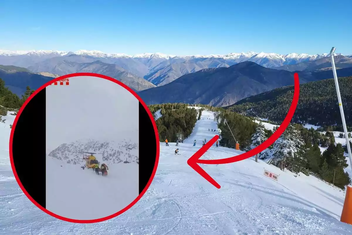 Una pista de esquí en una montaña nevada con esquiadores descendiendo y un recuadro que muestra un helicóptero de rescate en acción.