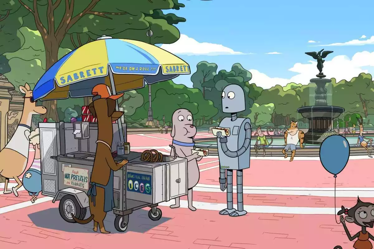 Imatge de la pel·lícula Robot Dreams en què es veuen dos personatges en un lloc de menjar de carrer