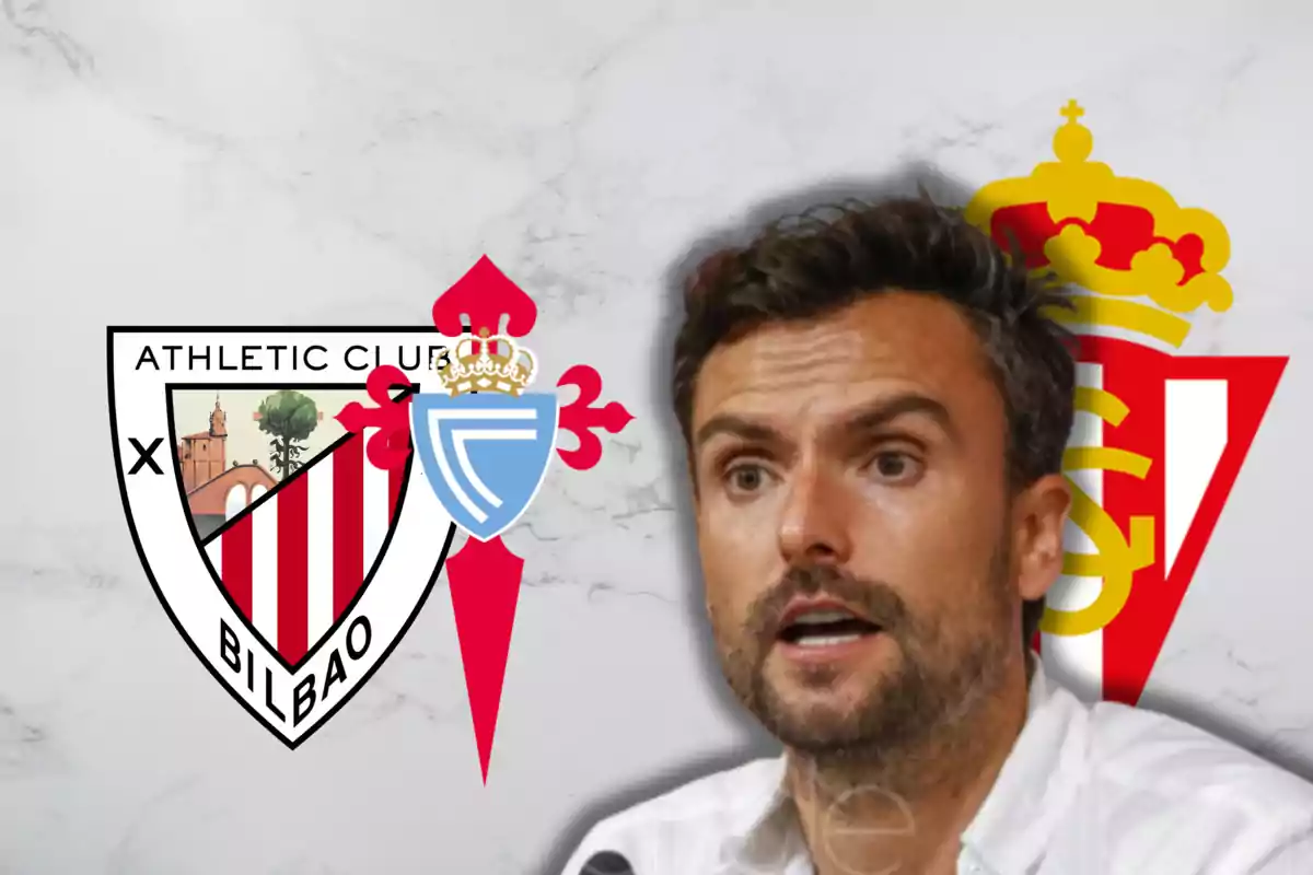 Rubén Albés i els escuts d'Athletic Club i Celta