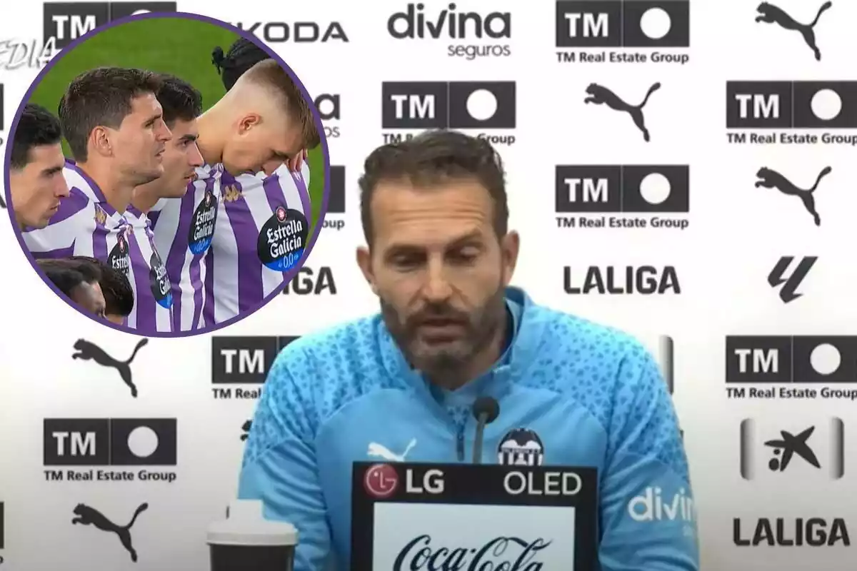 Muntatge amb una imatge de Rubén Baraja en roda de premsa ia la cantonada superior esquerra, dins d'un cercle, futbolistes del Real Valladolid guardant un minut de silenci durant un partit
