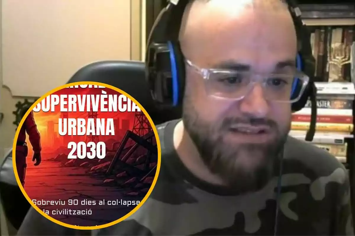 Un home amb auriculars i ulleres transparents està davant d'una prestatgeria plena de llibres, amb un gràfic circular a la cantonada inferior esquerra que mostra una imatge de supervivència urbana amb text en català.
